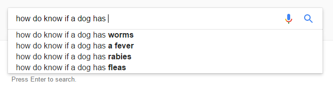 A Google search autocomplete list shows suggestions for "how do know if a dog has," including worms, fever, rabies, and fleas.