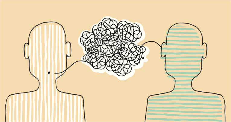 Illustration of two outlined figures with lines across their bodies; one figure speaks with a chaotic speech bubble connecting to the other figure's ear. Pale beige background.