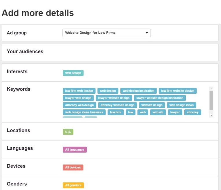 Screenshot showing an ad group for "Website Design for Law Firms" with various audience details such as interests, keywords, location (U.S.), languages (all languages), devices (all devices), and genders (all genders) while setting up a Pinterest Ad Campaign.