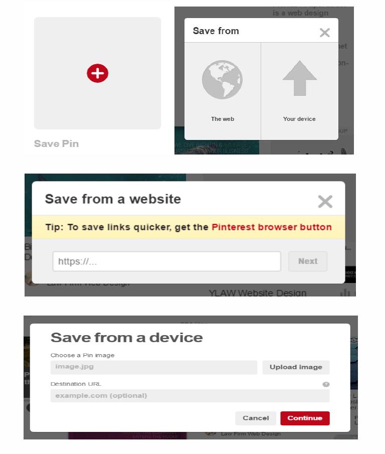 A screenshot shows steps to save a pin on Pinterest: selecting from the web, downloading the browser button, and uploading from a device. Sections include Save Pin, Save from a website, and Save from a device. You can also explore Setting up a Pinterest Ad Campaign to enhance your reach.