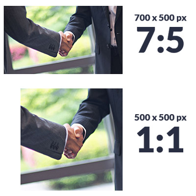 Two people in business attire shaking hands. The image is shown in two aspect ratios: 700x500 pixels (7:5) on top and 500x500 pixels (1:1) on the bottom. Enhance your WordPress blog content with images like these to convey professionalism and build trust with your audience.