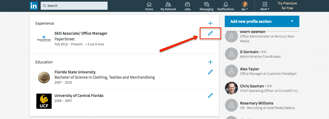 A LinkedIn profile page highlighting the Experience section for a SEO Associate/Office Manager role. An orange arrow points to a pencil icon for editing the section. The Education section is also visible.