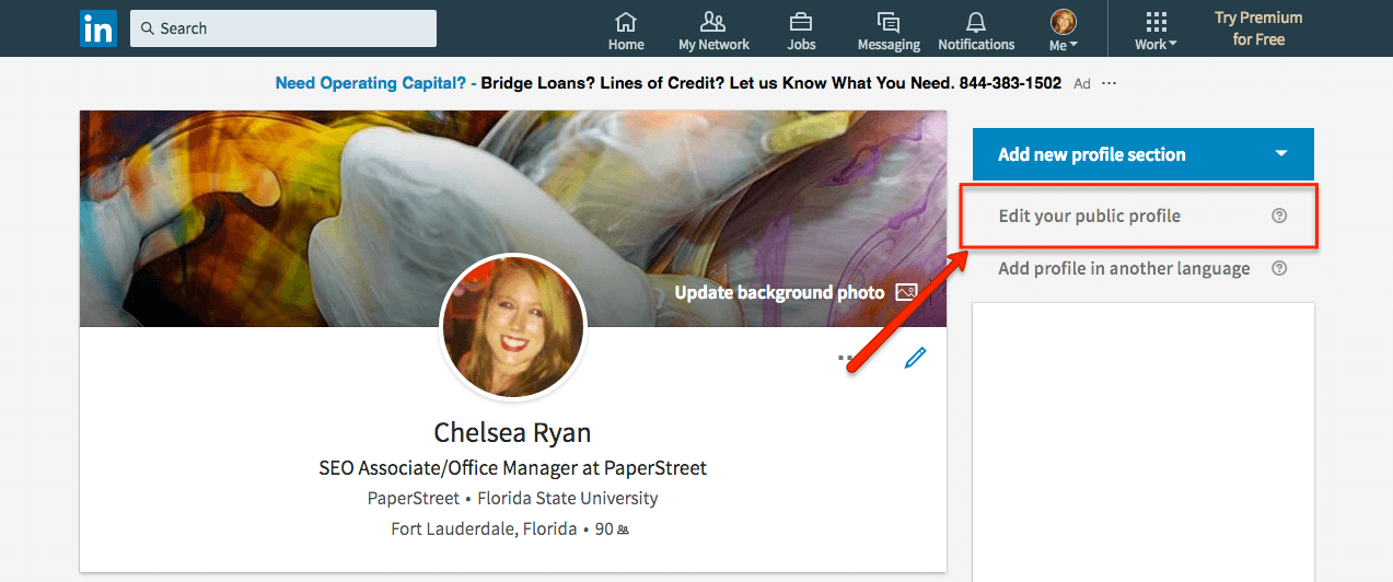 LinkedIn profile page of Chelsea Ryan, an SEO Associate/Office Manager at PaperStreet. The profile editing options are highlighted on the right side of the screen.