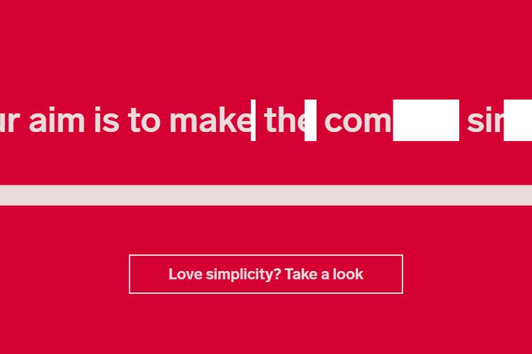 Red background with white text partially blocked, reads: "Our aim is to make the com_ sim_" and a button below that says "Love simplicity? Take a look at Really Cool Examples of SVG Animations in the Wild.