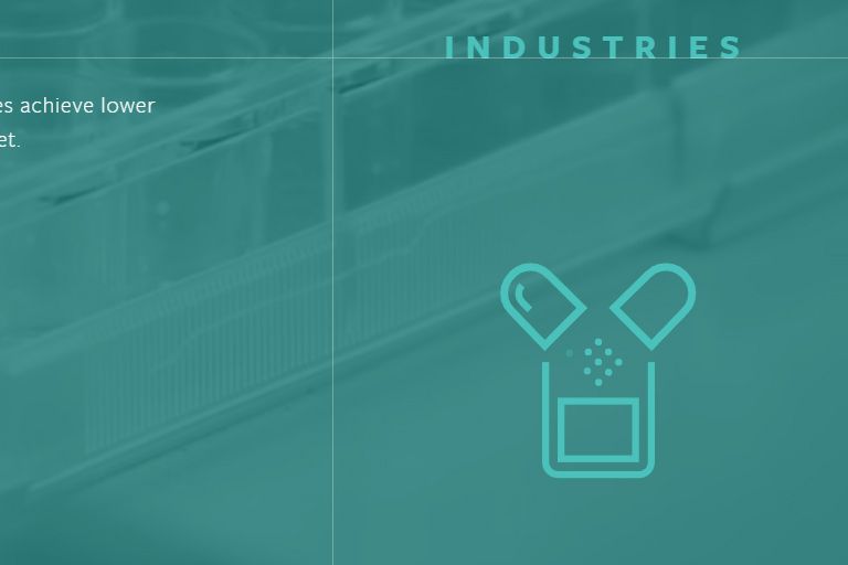 Green-tinted image of industrial equipment with a white icon of a pill and tablet on the bottom right. The word "INDUSTRIES" is visible in the top right corner, showcasing really cool examples of SVG animations in the wild.