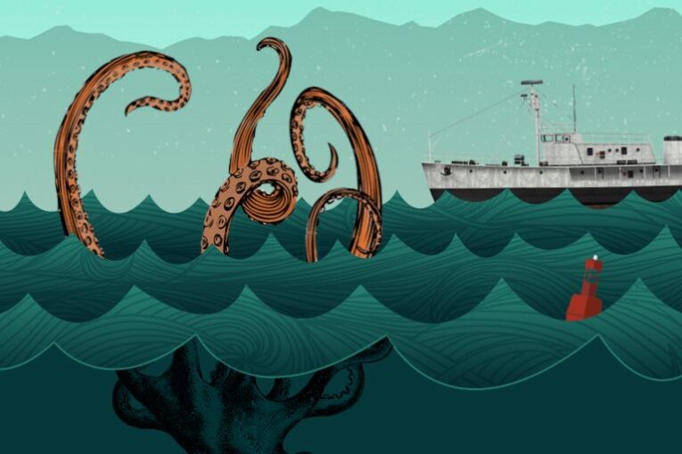An illustration of a large octopus with its tentacles raised above the water, showcasing really cool examples of SVG animations in the wild. A fishing boat and a buoy are in the background on the ocean surface.