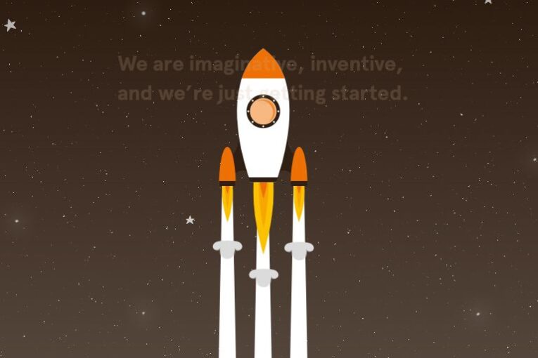 Illustration of a rocket launching into space at night, flanked by two smaller booster rockets. Text in the background reads, "We are imaginative, inventive, and we're just getting started." This scene could be one of those really cool examples of SVG animations in the wild.