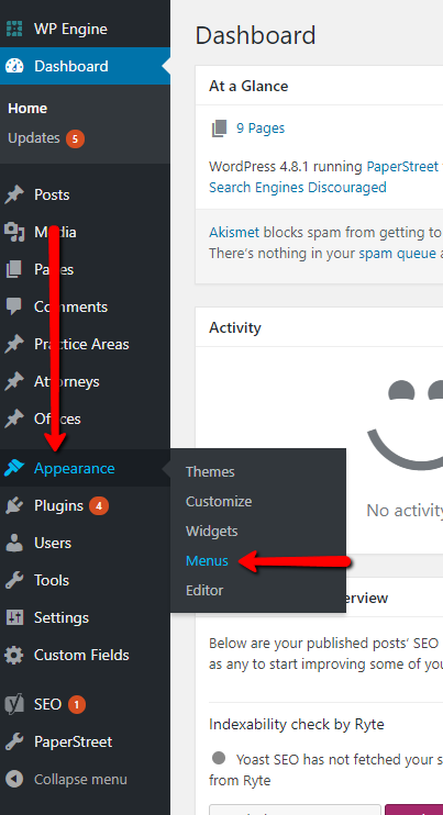  WordPress dashboard with a sidebar menu open, highlighting the 'Appearance' section. The sub-menu options 'Menus' and 'Editor' are pointed out with red arrows, perfect for anyone working with menus in WordPress.