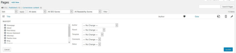 A screenshot of a WordPress admin page view showing the "Pages" section. The view includes filters for status, date, and SEO scores, with an editing sidebar for managing individual page attributes.