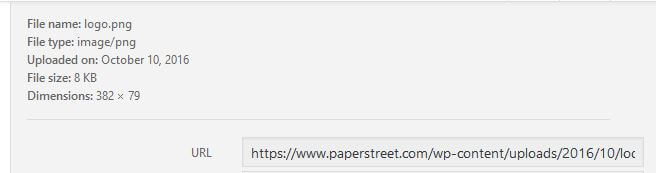 Screenshot showing a file named "logo.png" with details including file type (image/png), upload date (October 10, 2016), file size (8 KB), dimensions (382 x 79), and URL.