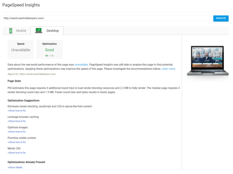 A screenshot of Google PageSpeed Insights for westcoasttriallawyers.com shows a desktop performance score of 93 with suggestions to eliminate render-blocking resources and leverage browser caching. Your website is slow—speed it up to rank better and keep users engaged.