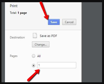 A print dialog box showing a "Save" button highlighted, with "Destination" set to "Save as PDF" and "Pages" selected as "1". There is also a "Cancel" button.