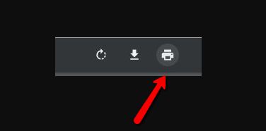 A screenshot showing a toolbar with refresh, download, and print icons. A red arrow points to the print icon.