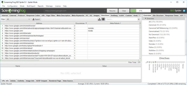 Screaming Frog Directives Tab