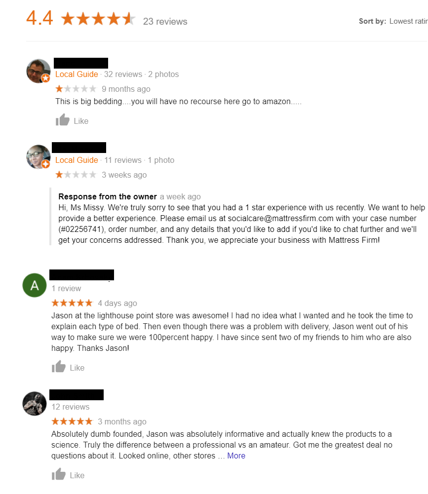Screenshot of a Google reviews section for Mattress Firm displaying a 4.4-star rating based on 23 reviews. Comments include a mix of positive feedback and a response from the owner addressing a negative review.