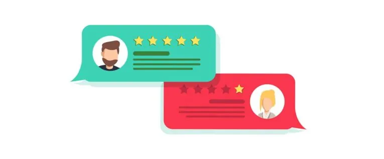 Two speech bubbles with profile icons and star ratings. The top green bubble has a 5-star rating and a male icon, the bottom red bubble has a 2-star rating and a female icon.