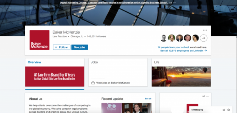Screenshot of a LinkedIn profile for a law practice firm with over 150,000 followers. The firm is described as the #1 Law Firm Brand for 8 years according to Acritas Global Elite Law Firm Brand Index.