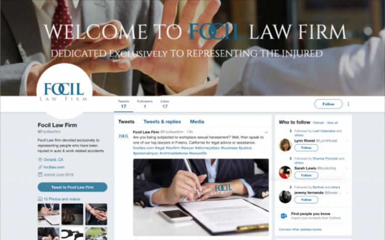 Twitter profile page of Focil Law Firm, featuring their logo, description, and posts. The cover image contains the firm's name and slogan about representing the injured, with an image of professionals working.