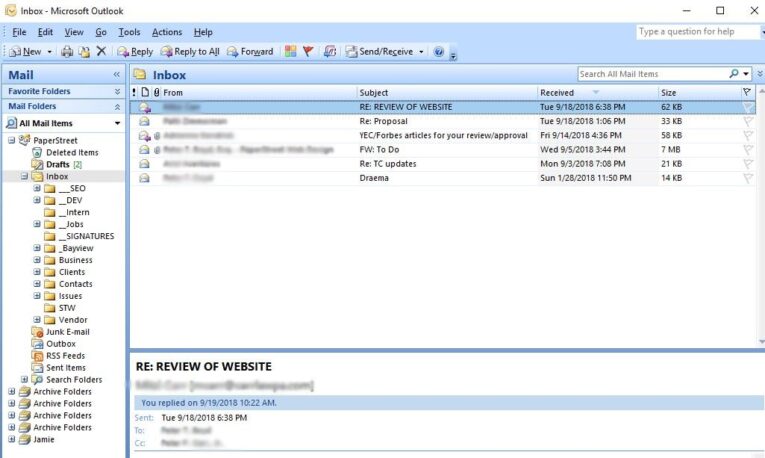 Screenshot of a Microsoft Outlook inbox showing five emails. The subject lines include "RE: REVIEW OF WEBSITE," "RE: Proposal," and "RE: TC Updates." The emails are sorted by received date, aiming for that coveted Inbox Zero while managing your task list effectively.