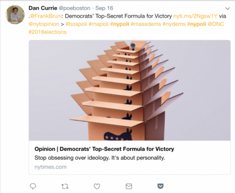 A tweet by Dan Currie includes an image of progressively larger open boxes, each containing a silhouette of a donkey, and a link to a New York Times article titled "Democrats’ Top-Secret Formula for Victory.