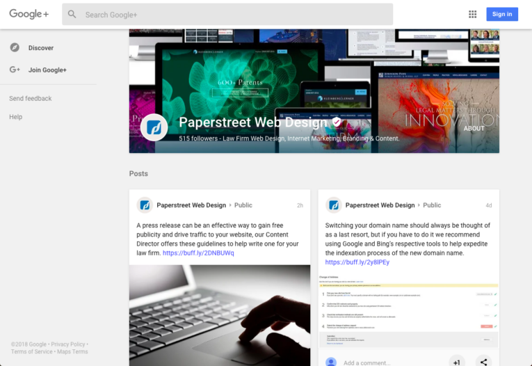 A social media profile page titled "Paperstreet Web Design" showcasing design-related posts, including close-ups of a laptop and web search process images. The interface and layout reflect a Google+ theme, reminiscent of the days before Google said goodbye to Google+.