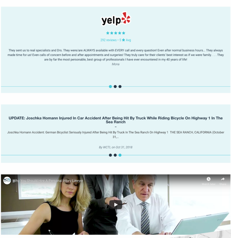Screenshot featuring a Yelp review, a news article headline about a car accident, and a YouTube thumbnail for a video on the anatomy of the perfect practice area page for personal injury lawyers.