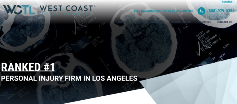 Image of a website banner for "West Coast Trial Lawyers," highlighting them as the "Ranked #1 Personal Injury Firm in Los Angeles." The background features brain scan images. Contact information is visible, illustrating the anatomy of the perfect practice area page.
