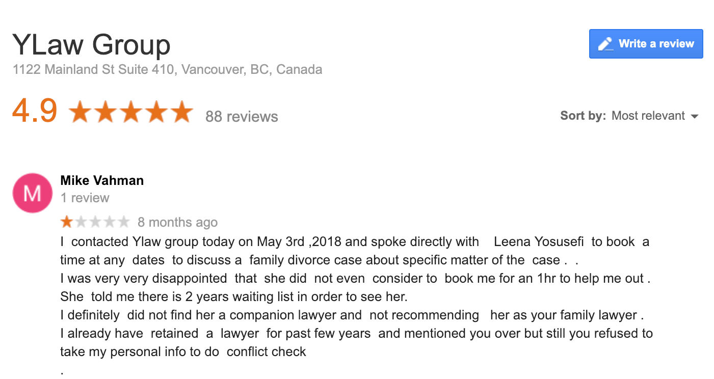Google review for YLaw Group in Vancouver, BC shows a 4.9-star rating with 88 reviews. However, Mike Vahman expresses dissatisfaction with their services related to family law matters, highlighting the importance of reading *How To Manage Online Business Reviews: A Simple Guide* for better understanding of client feedback.