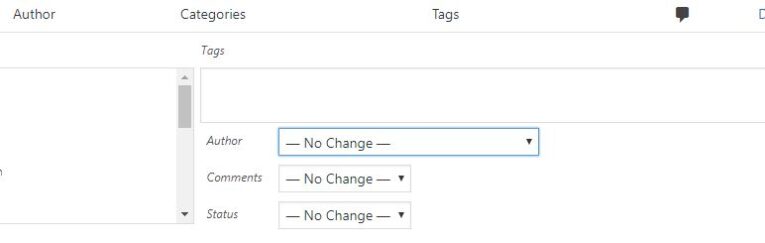 A screenshot of a content management system interface with fields for Author, Categories, Tags, Comments, and Status, all set to "No Change." This view is especially useful when learning how to update the author of multiple posts in WordPress efficiently.