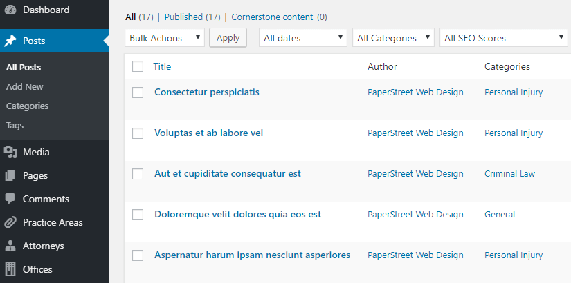 Screenshot of a WordPress dashboard displaying a list of posts with titles, authors, and categories. The sidebar includes options such as Media, Pages, and various sections for managing website content, including features for managing attorney data in your WordPress website.