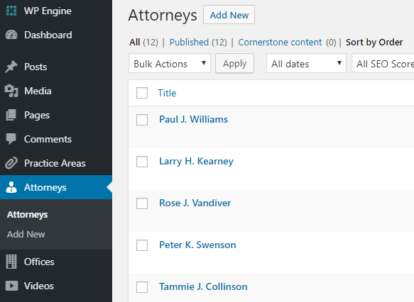 A WordPress dashboard shows a list of attorneys. Names listed include Paul J. Williams, Larry H. Kearney, Rose J. Vandiver, Peter K. Swenson, and Tammie J. Collinson. Options to add new and filter are visible for managing attorney data in your WordPress website efficiently. 