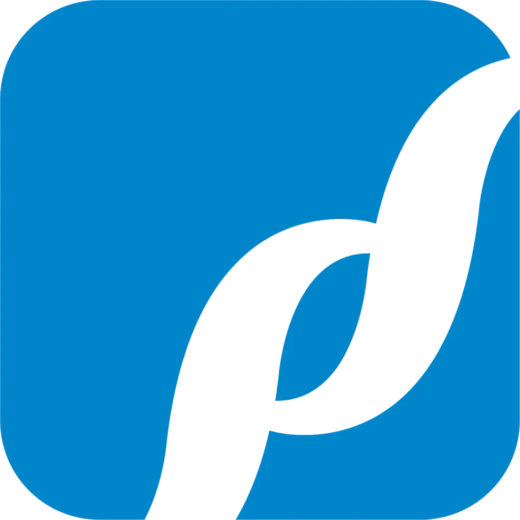 A blue square contains a white abstract design resembling an intertwined ribbon or curved shapes.