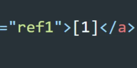 Close-up of HTML code showing an anchor tag with href attribute set to "ref1" and the link text "[1]" enclosed in angle brackets, illustrating how to insert “jumping” footnotes within your content.