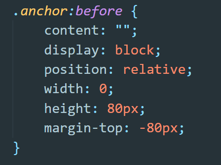CSS code snippet for a pseudo-element with class ".anchor:before" setting content to empty, display to block, position to relative, width to 0, height to 80px, and margin-top to -80px. This is ideal when learning how to insert "jumping" footnotes within your content.