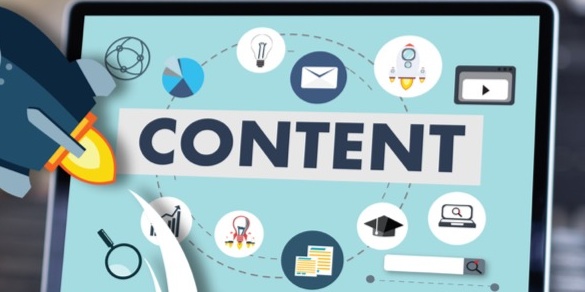 Image of a computer screen displaying the word "CONTENT" surrounded by various icons like a rocket, light bulb, email, video player, and magnifying glass.