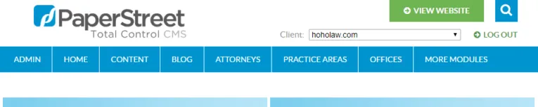 Screenshot of the PaperStreet Total Control CMS interface, showing the navigation menu with options like Admin, Home, Content, Blog, Attorneys, Practice Areas, Offices, and More Modules.
