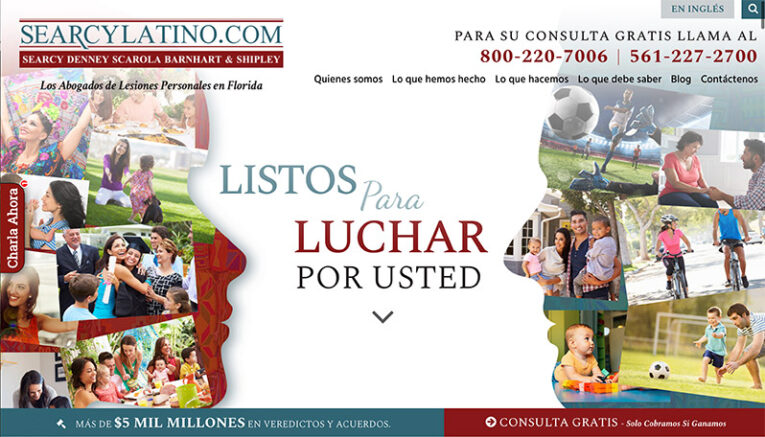 Website banner for a law firm featuring the text "Listos Para Luchar Por Usted" with images of safety, sports, and family activities. The firm's contact information and slogan are prominently displayed.