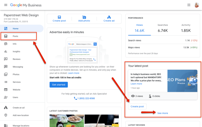 Google My Business dashboard for Paperstreet Web Design, with options for posts, info, insights, ad advertisement, and performance metrics. A latest post about SEO plans is highlighted. Learn How to Post Like a Pro on Google My Business to optimize your reach and engagement.