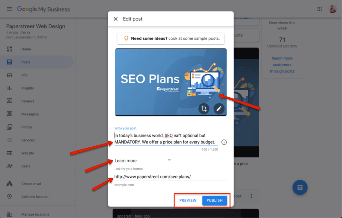 Screenshot of a Google My Business interface showing an edit post window with text and a link about SEO plans from Paperstreet, with options to preview and publish the post. Learn How to Post Like a Pro on Google My Business with these seamless editing tools.