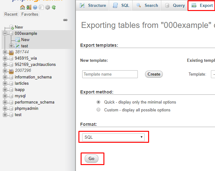 A screenshot of phpMyAdmin showing the export interface for a table called "000example." The export template section is displayed, with "SQL" selected as the format and the "Go" button visible. Learn how to transfer your PHP/MySQL site to XAMPP for local development and debugging using this tool.