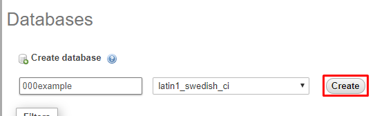 Screenshot of a database creation page showing an input field with "000example," a dropdown menu set to "latin1_swedish_ci," and a highlighted "Create" button, illustrating steps for transferring your PHP/MySQL site to XAMPP for local development and debugging.