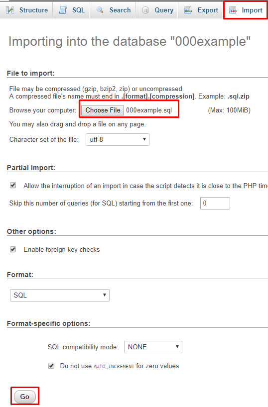Screenshot of a database import interface showing an SQL file named "000example.sql" selected. Sections include options for partial import, file hibernation, other criteria, and a "Go" button. Ideal for those learning how to transfer your PHP/MySQL site to XAMPP for local development and debugging.
