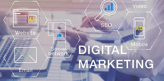 A person using a laptop, with overlay icons representing website, email, social network, SEO, video, and mobile. The words "Digital Marketing" are prominently displayed in the center alongside "Where to Invest Your Paid Ad Budget.