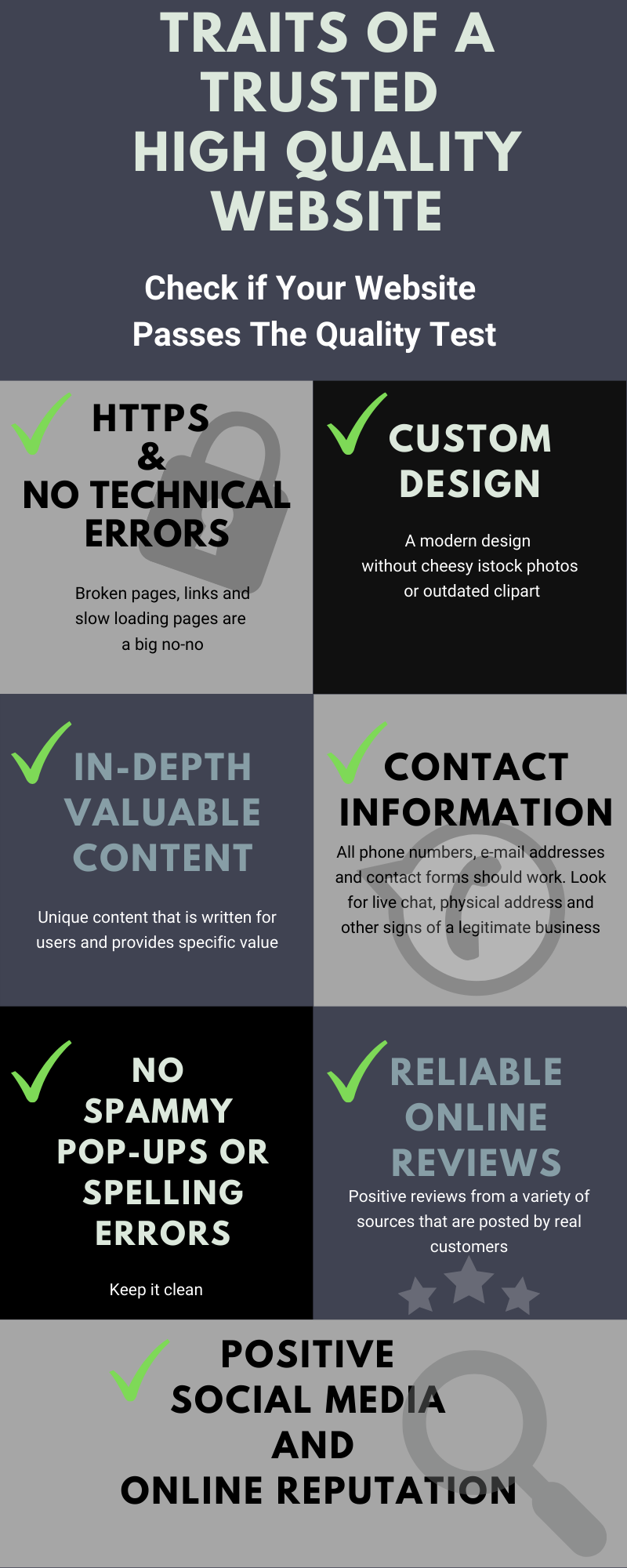 Infographic listing signs of a high-quality trusted website: HTTPS, custom design, in-depth valuable content, contact information, no spammy pop-ups or spelling errors, reliable online reviews, positive social media presence, and strong online reputation.