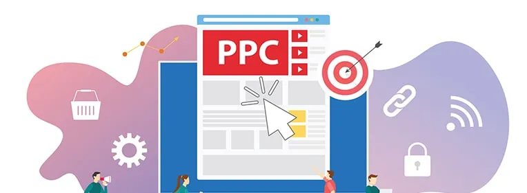Illustration of a webpage labeled "PPC" with icons representing shopping, gears, a target, a link, and a padlock surrounding the webpage. Multiple small figures are shown working around it, symbolizing what to expect from performance when hiring an agency to take over your PPC.
