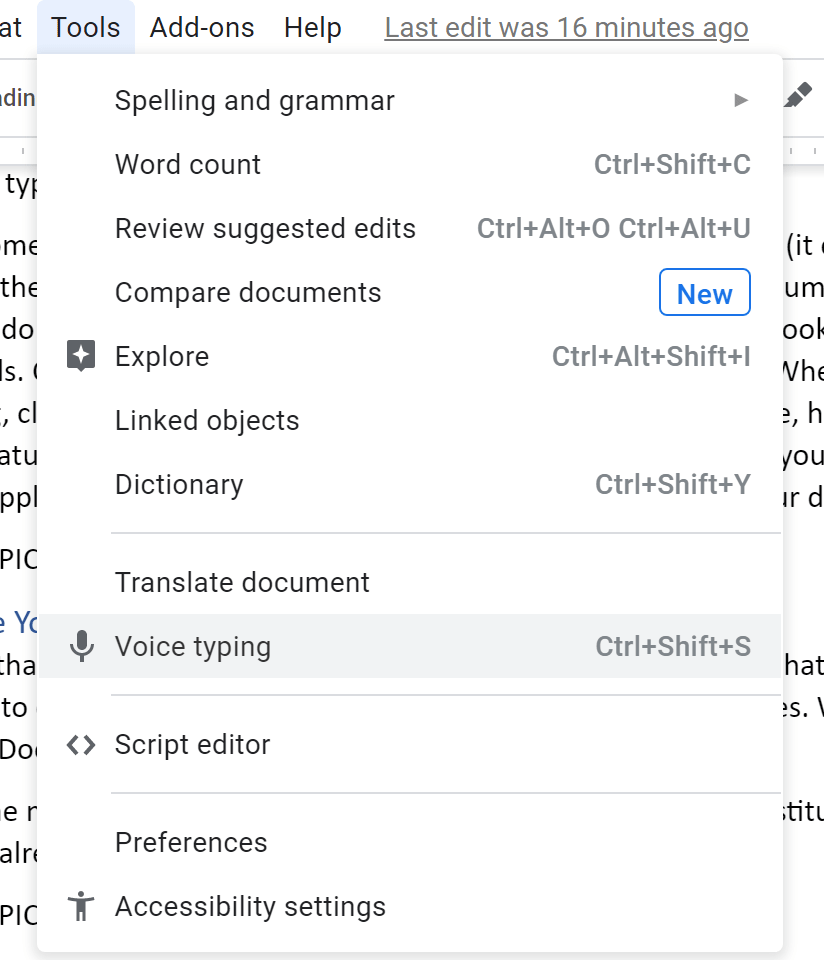 A screenshot of a dropdown menu in a word processing software reveals options such as Spelling and grammar, Word count, Compare documents, Linked objects, Dictionary, Voice typing, and more—features you might recognize from the article "Three Things You Probably Didn’t Know Google Docs Could Do.