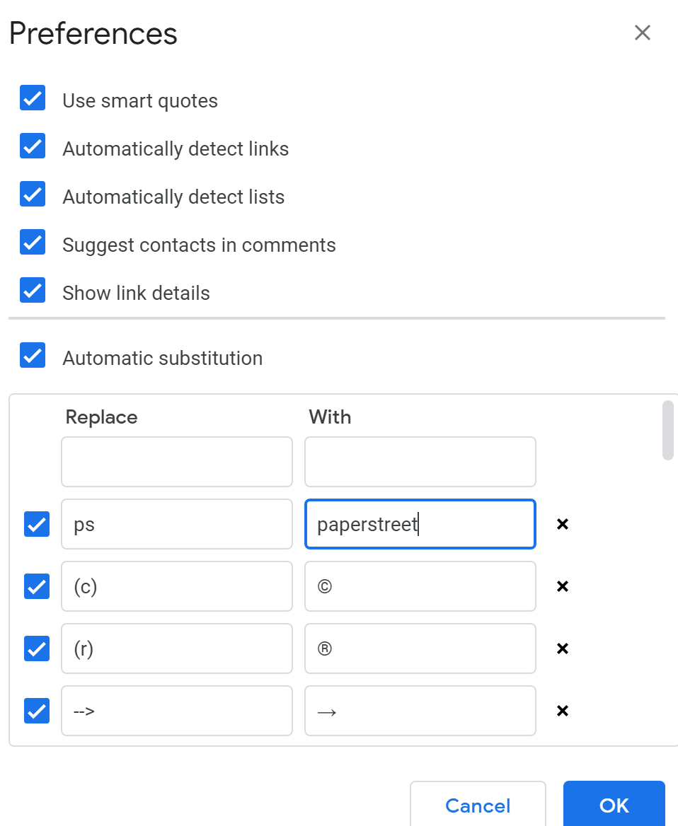 A preferences window with options checked for smart quotes, auto lists, contact suggestions, and link details. "ps" is set to replace with "paperstreet". Options are 'OK' and 'Cancel'. Discover Three Things You Probably Didn’t Know Google Docs Could Do within these settings.