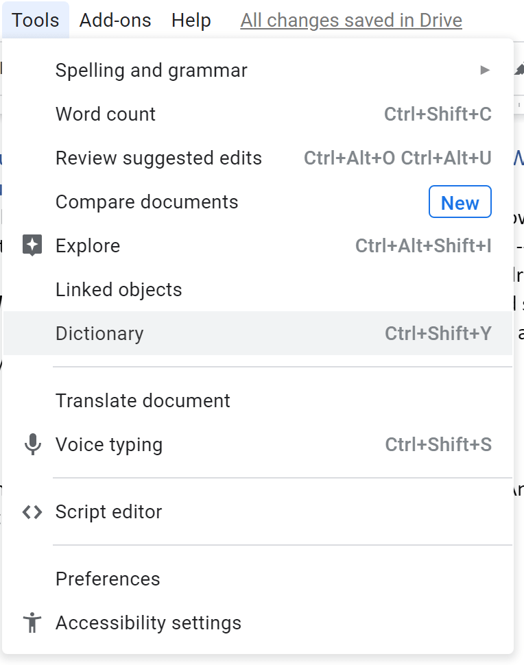 A screenshot of the "Tools" dropdown menu in a word processing application, displaying options such as "Spelling and grammar," "Word count," "Dictionary," and "Voice typing," among other commands. Discover three things you probably didn’t know Google Docs could do here.