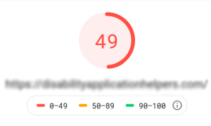A circular gauge displaying the number 49 in red, indicating a website performance score. Below is the blurred URL "https://disabilityapplicationhelpers.com/" and a color-coded scale for score ranges.