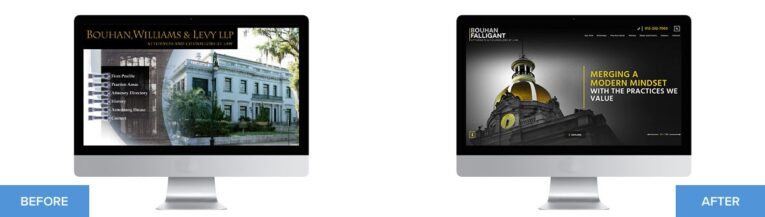Two computer screens display website designs labeled "Before" and "After." The "Before" design features a traditional building image, while the "After" design showcases a modernized graphic with a dome. This transformation is one of 9 impressive law firm website makeovers.